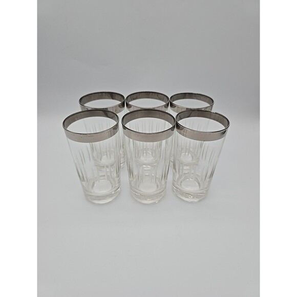 MCM Silver Rim High Ball Etched Glasses "Dorothy Thorpe Style" Set of 6 - Picture 1 of 8
